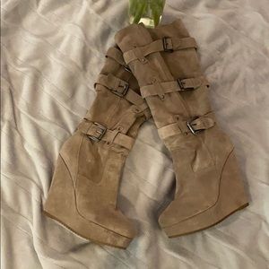 Beige Suede Platform Wedge Boots